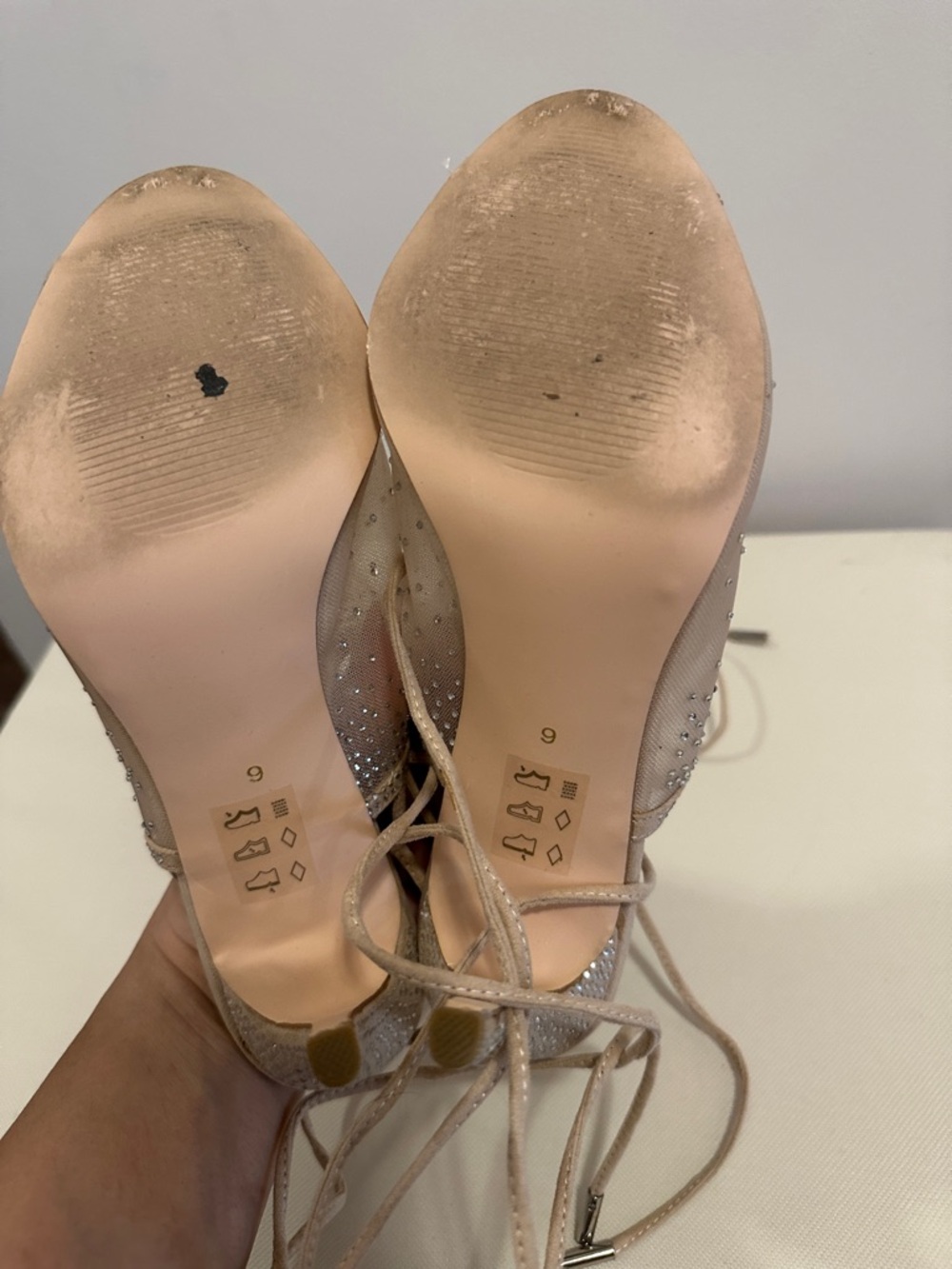 Le Chateau Crystal Beaded Nude Lace-Up Stiletto Sandal - Picture 10 of 11
